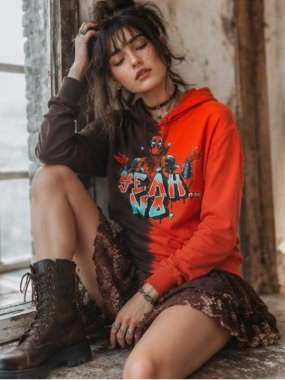 Marvel Deadpool Split Dye Hoodie Red Brown Graphic Sweatshirt Whimsigoth Unisex